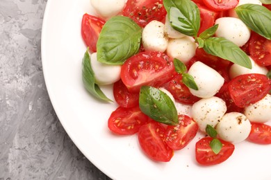 Photo of Tasty salad Caprese with mozzarella, tomatoes, basil and spices on grey table, top view