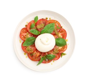Photo of Tasty salad Caprese with mozzarella, tomatoes, basil and pesto sauce isolated on white, top view