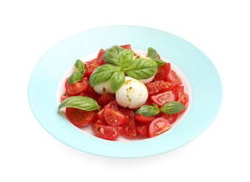Photo of Tasty salad Caprese with mozzarella, tomatoes, basil and spices isolated on white