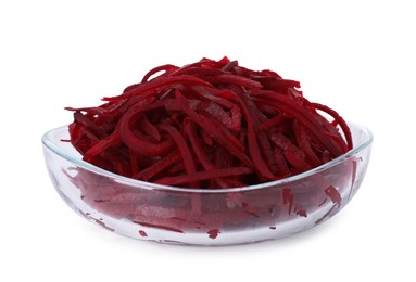 Photo of Raw beetroot noodles in bowl isolated on white. Vegetarian dish