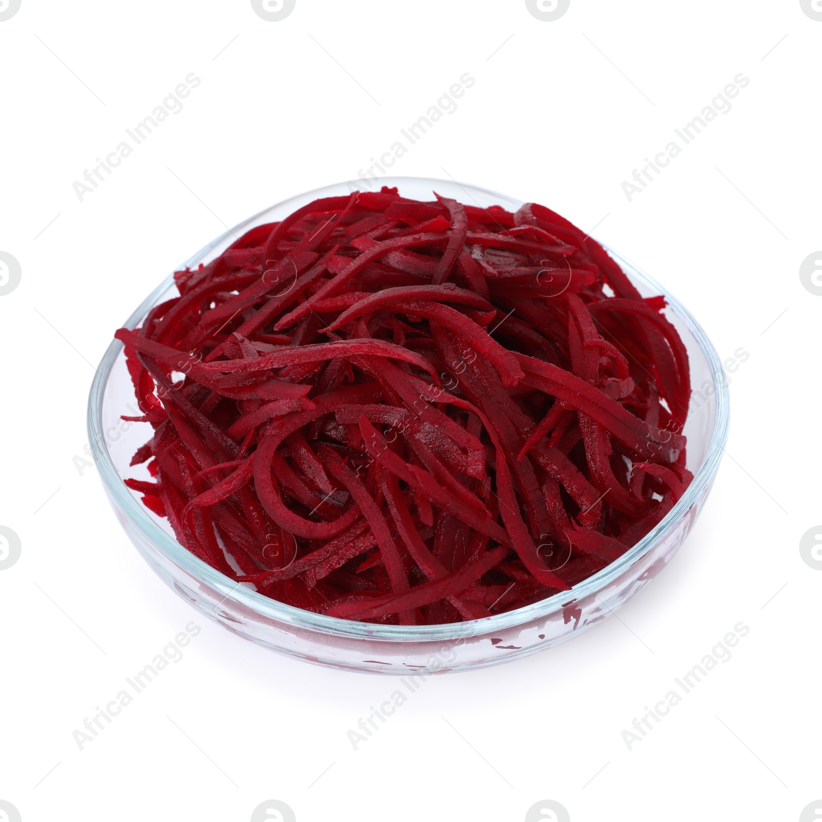 Raw beetroot noodles in bowl isolated on white. Vegetarian dish Photo of Raw beetroot noodles in bowl isolated on white. Vegetarian dish