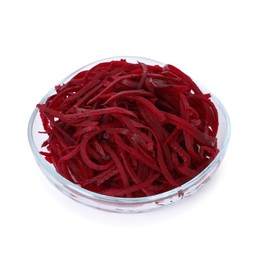Photo of Raw beetroot noodles in bowl isolated on white. Vegetarian dish