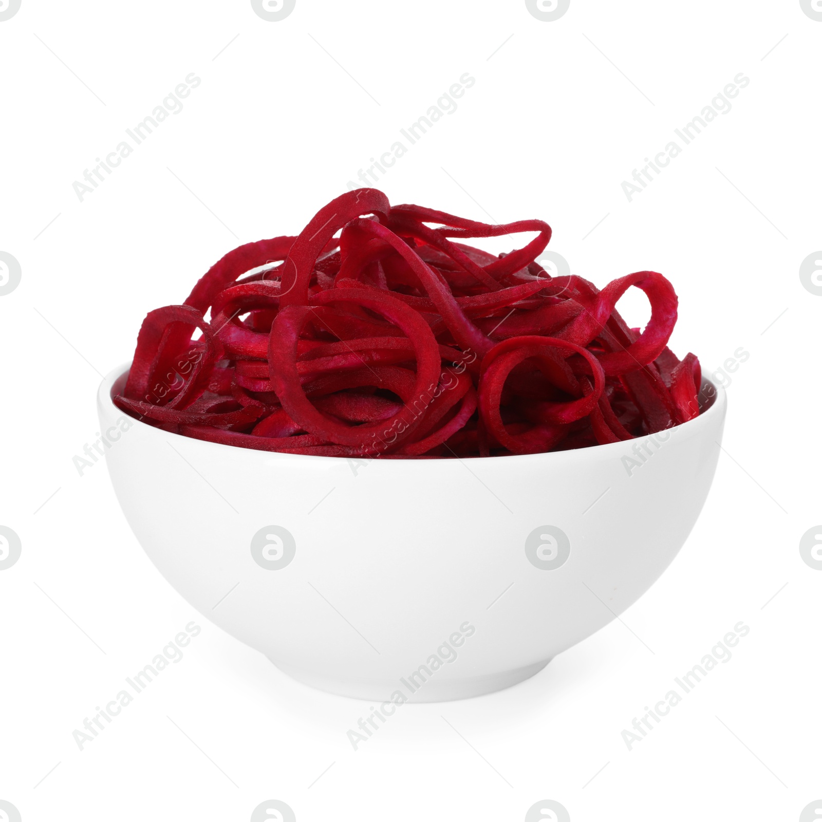 Raw beetroot noodles in bowl isolated on white. Vegetarian dish Photo of Raw beetroot noodles in bowl isolated on white. Vegetarian dish