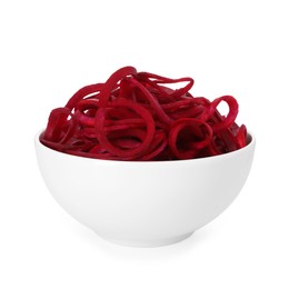 Photo of Raw beetroot noodles in bowl isolated on white. Vegetarian dish