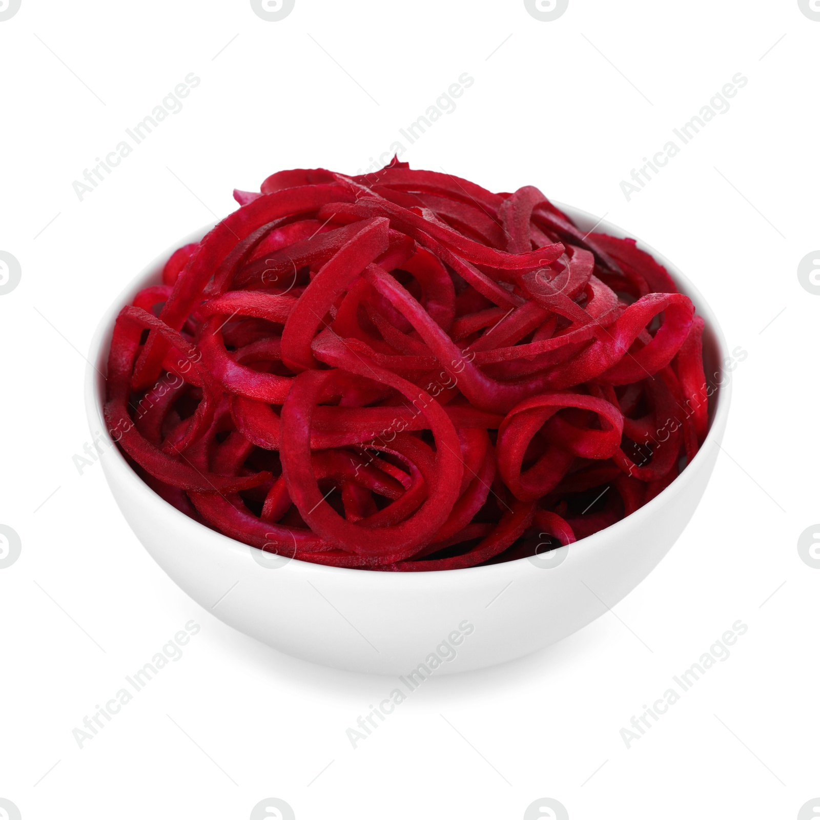 Raw beetroot noodles in bowl isolated on white. Vegetarian dish Photo of Raw beetroot noodles in bowl isolated on white. Vegetarian dish