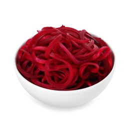 Photo of Raw beetroot noodles in bowl isolated on white. Vegetarian dish