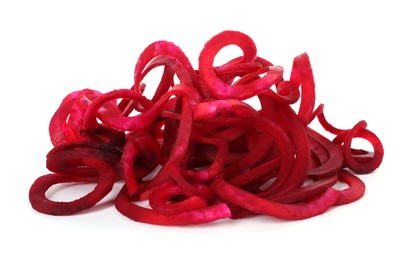 Photo of Raw beetroot noodles isolated on white. Vegetarian dish