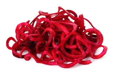 Photo of Raw beetroot noodles isolated on white. Vegetarian dish