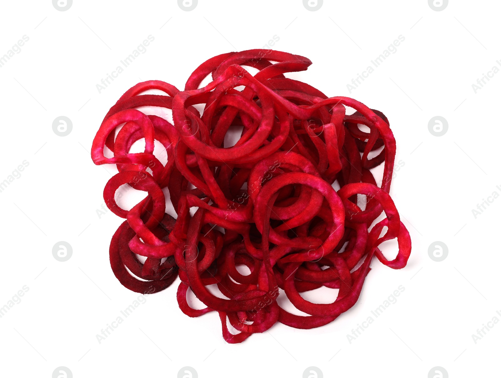 Raw beetroot noodles isolated on white, top view. Vegetarian dish Photo of Raw beetroot noodles isolated on white, top view. Vegetarian dish