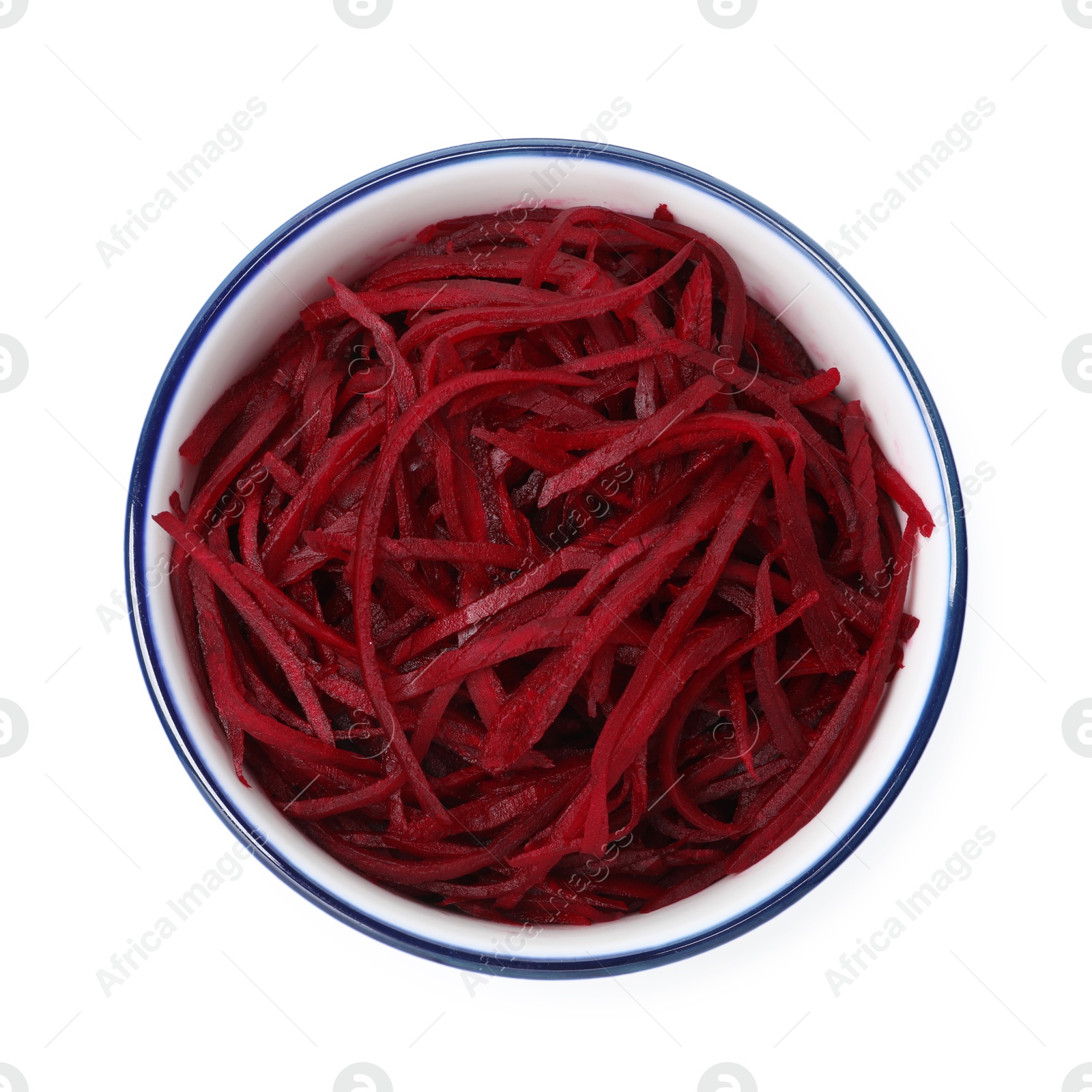 Raw beetroot noodles in bowl isolated on white, top view. Vegetarian dish Photo of Raw beetroot noodles in bowl isolated on white, top view. Vegetarian dish