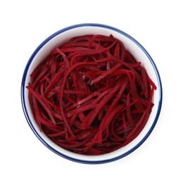 Photo of Raw beetroot noodles in bowl isolated on white, top view. Vegetarian dish