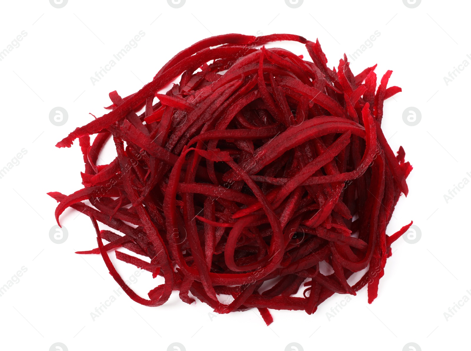 Raw beetroot noodles isolated on white, top view. Vegetarian dish Photo of Raw beetroot noodles isolated on white, top view. Vegetarian dish