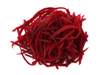 Photo of Raw beetroot noodles isolated on white, top view. Vegetarian dish