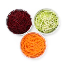 Photo of Different vegetable noodles isolated on white, top view. Vegetarian dish
