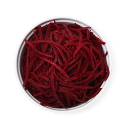 Photo of Raw beetroot noodles in bowl isolated on white, top view. Vegetarian dish