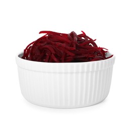 Photo of Raw beetroot noodles in bowl isolated on white. Vegetarian dish