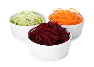Photo of Different vegetable noodles isolated on white. Vegetarian dish