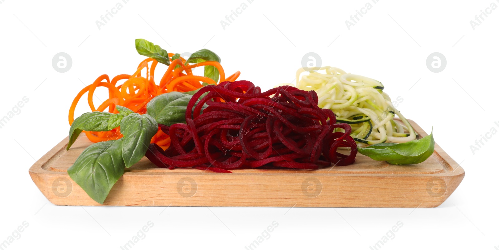Different vegetable noodles with basil isolated on white. Vegetarian dish Photo of Different vegetable noodles with basil isolated on white. Vegetarian dish