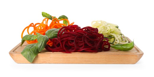 Photo of Different vegetable noodles with basil isolated on white. Vegetarian dish
