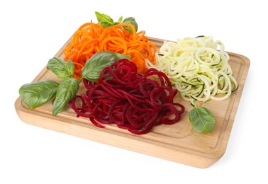 Photo of Different vegetable noodles with basil isolated on white. Vegetarian dish