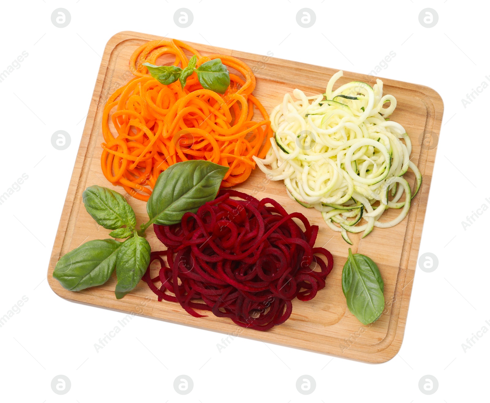 Photo of Different vegetable noodles with basil isolated on white, top view. Vegetarian dish