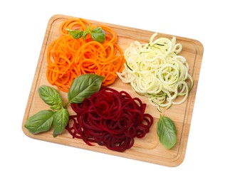 Photo of Different vegetable noodles with basil isolated on white, top view. Vegetarian dish