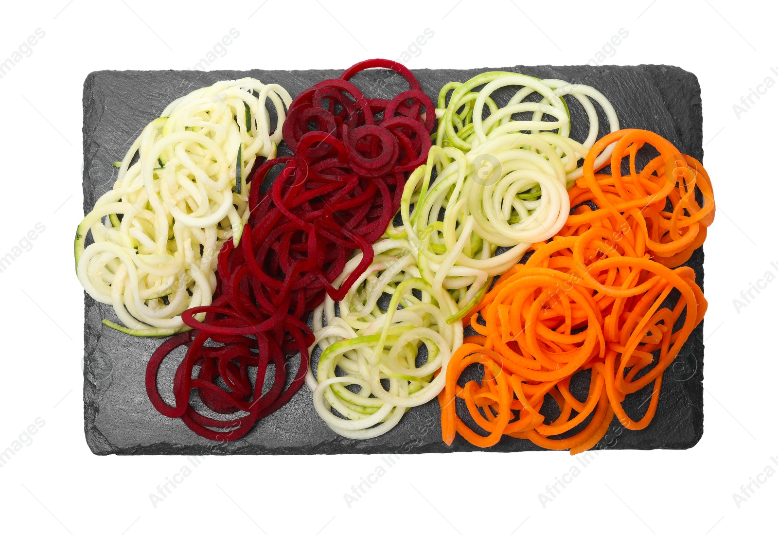 Photo of Different vegetable noodles isolated on white, top view. Vegetarian dish