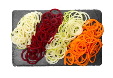 Photo of Different vegetable noodles isolated on white, top view. Vegetarian dish