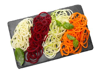 Photo of Different vegetable noodles with basil isolated on white, top view. Vegetarian dish