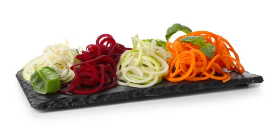 Photo of Different vegetable noodles with basil isolated on white. Vegetarian dish