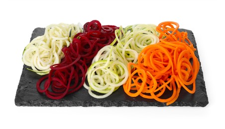 Photo of Different vegetable noodles isolated on white. Vegetarian dish