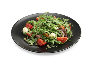 Photo of Tasty salad with arugula, mozzarella and vegetables isolated on white