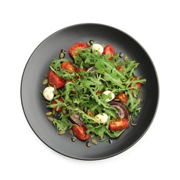 Photo of Tasty salad with arugula, mozzarella and vegetables isolated on white, top view