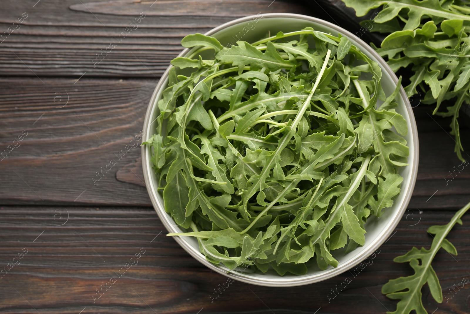 Fresh ripe green arugula leaves on dark wooden table, flat lay. Space for text Photo of Fresh ripe green arugula leaves on dark wooden table, flat lay. Space for text