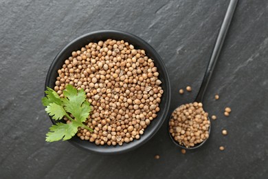 Photo of Coriander seeds, spoon and fresh cilantro leaves on dark textured table, flat lay
