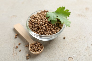 Photo of Coriander seeds in bowl, spoon and fresh cilantro leaf on color textured table, closeup