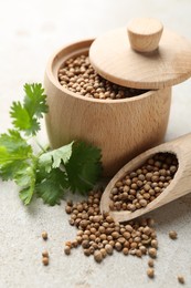 Photo of Coriander seeds and fresh cilantro sprigs on light textured table, closeup