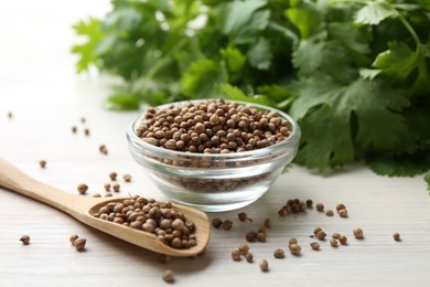 Photo of Coriander seeds in bowl, spoon and fresh cilantro leaves on light wooden table, closeup