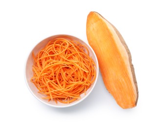 Photo of Vegetable noodles and sweet potato isolated on white, top view
