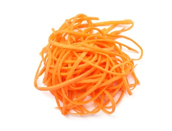 Photo of Pile of vegetable noodles isolated on white, top view