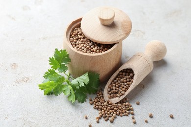 Photo of Coriander seeds and fresh cilantro sprig on light textured table, closeup