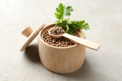 Photo of Coriander seeds and fresh cilantro sprig on light textured table, closeup