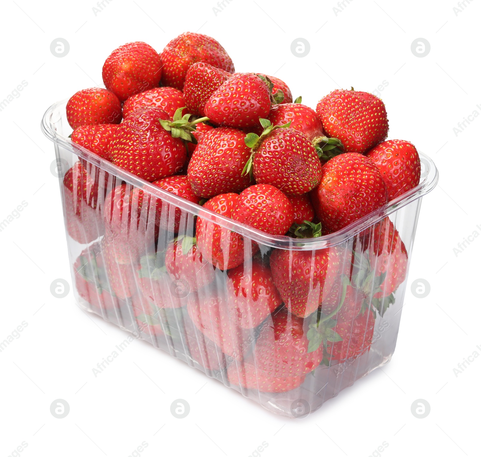 Photo of Fresh strawberries in plastic container isolated on white