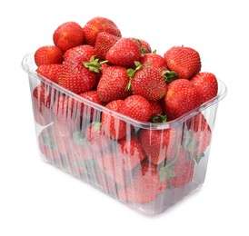 Photo of Fresh strawberries in plastic container isolated on white