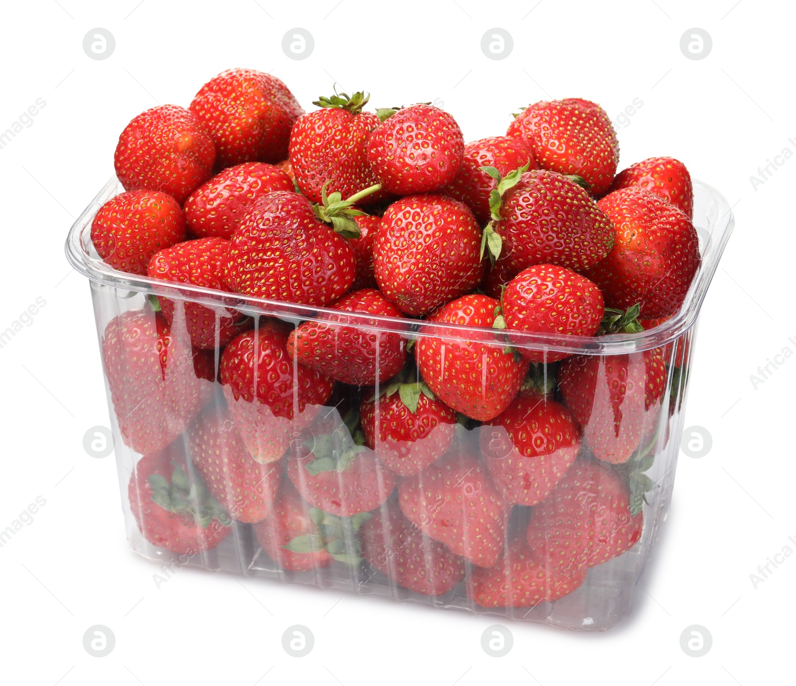 Photo of Fresh strawberries in plastic container isolated on white