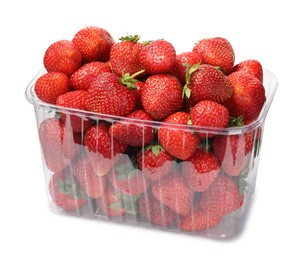 Photo of Fresh strawberries in plastic container isolated on white