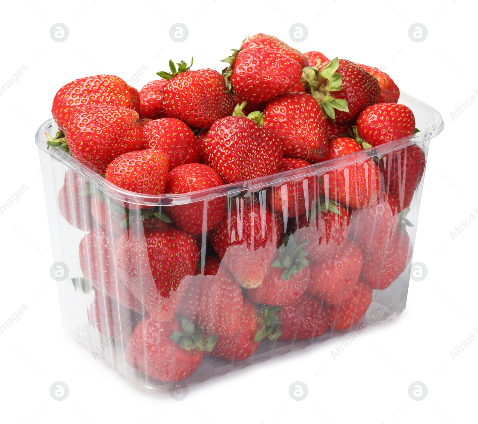Photo of Fresh strawberries in plastic container isolated on white
