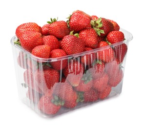 Photo of Fresh strawberries in plastic container isolated on white