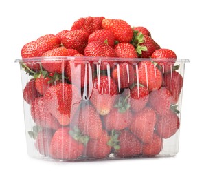 Photo of Fresh strawberries in plastic container isolated on white
