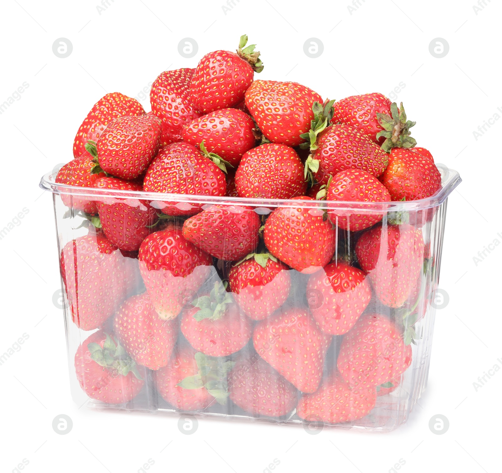 Photo of Fresh strawberries in plastic container isolated on white